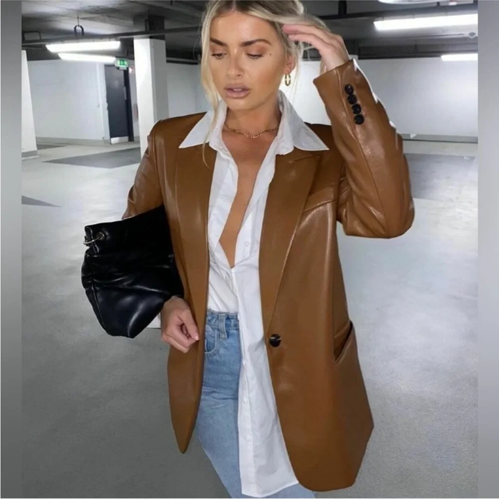 Zara Brown Faux Leather Blazer - Picture 3 of 13